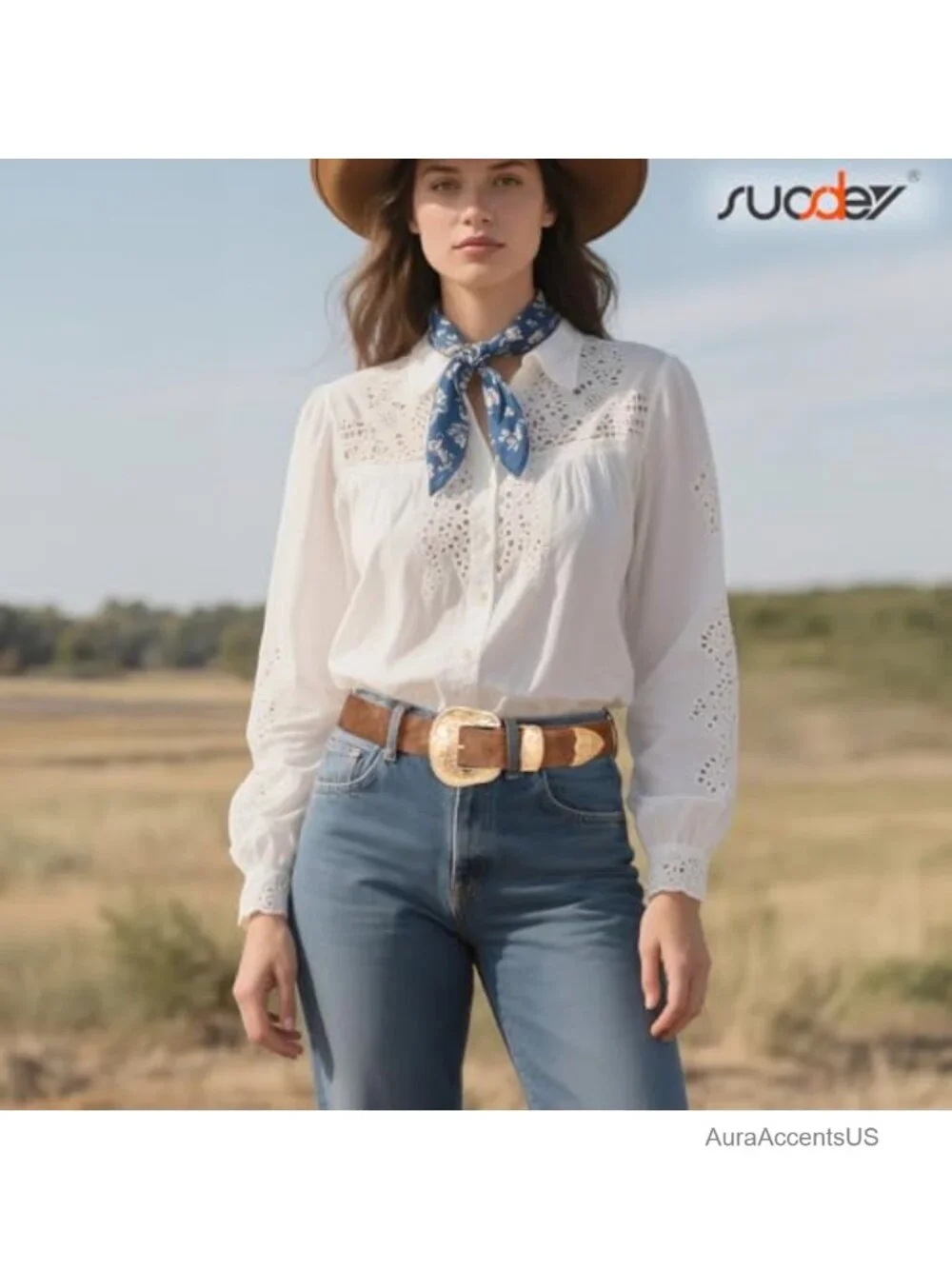 Vintage Faux Leather Western Belt with Floral Big Buckle for Women Cowgirl